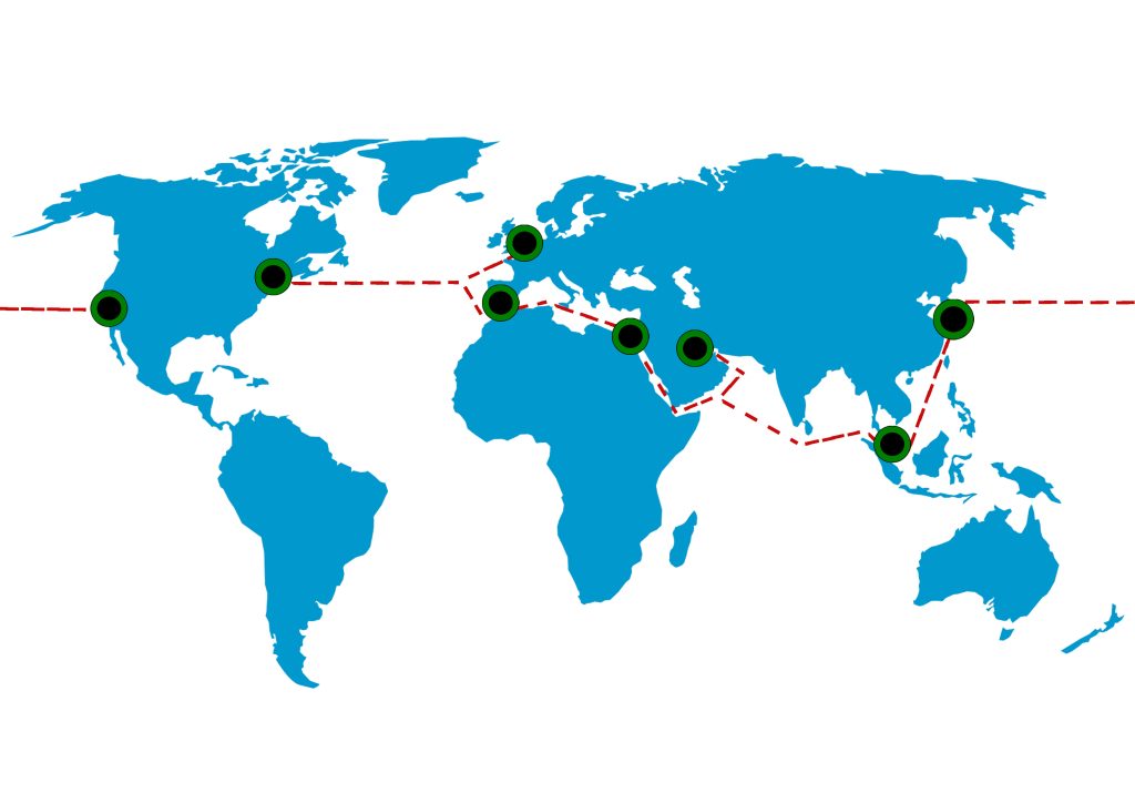 A world map with a global shipping route indicated. Hotspots illustrate potential locations for COFASTRANS deployment in Europe, the Middle East, Asia, and both coasts of the United States.